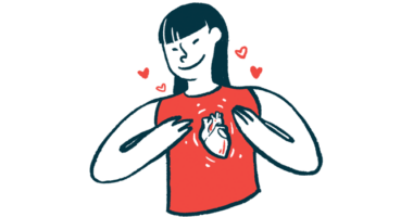 An image of a woman's heart is superimposed on her chest as she raises her hands up to it..