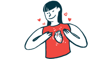 An image of a woman's heart is superimposed on her chest as she raises her hands up to it..