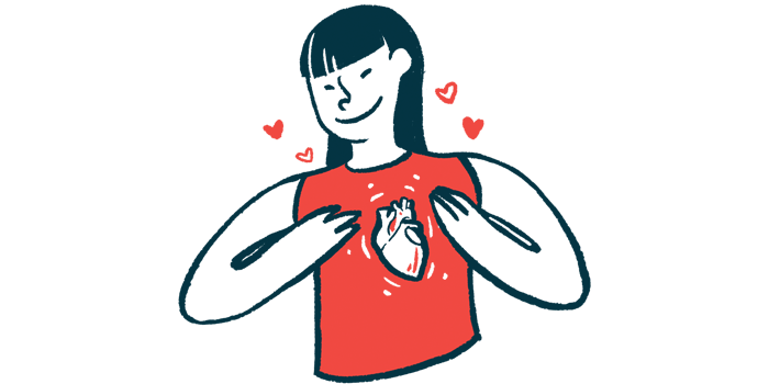 An image of a woman's heart is superimposed on her chest as she raises her hands up to it..