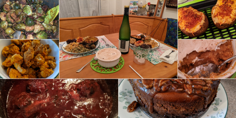 Gratitude | Sarcoidosis News | Collage of photos from Kerry's Thanksgiving dinner 2020, which includes her veggie meatballs, Brussels sprouts, cauliflower, twice baked potatoes, sweet potato casserole, and pumpkin pecan cheesecake.