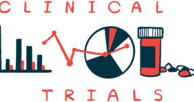 Illustration of various graphs and a pill bottle between the words 'clinical trials.'