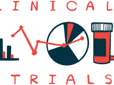 A bar graph, a pie chart, and a prescription medicine bottle with pills scattered alongside it are sandwiched between the words 'CLINICAL' and 'TRIALS.'
