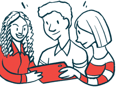 Illustration shows three people looking at an electronic tablet.