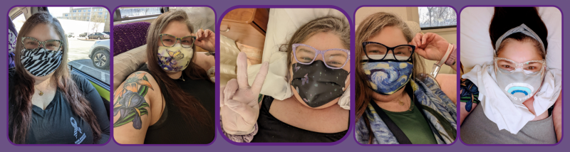 remission | Sarcoidosis News | Collage of 5 close-up photos of Kerry, each with a different set of matching mask and eyeglasses