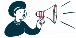 FSR patient advocate programs | Sarcoidosis News | announcement illustration of woman using megaphone