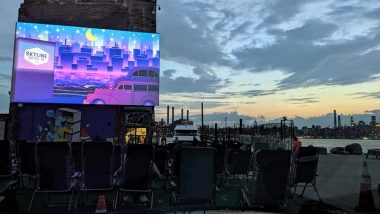 pandemic date ideas | Sarcoidosis News | A beautiful shot of the The Skyline Drive-In NYC outdoor movie screen on the left and a stunning blue and orange sky at sunset on the right