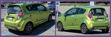 mobility aids | Sarcoidosis News | A two-photo collage shows different angles of the back of Kerry's lime green hatchback with purple decals 
