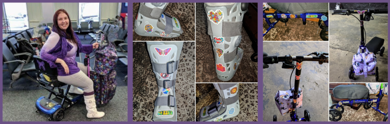 mobility aids | Sarcoidosis News | A photo collage shows Kerry on a decorated scooter; next, with her decal-covered air cast; finally, with a decal-covered knee scooter