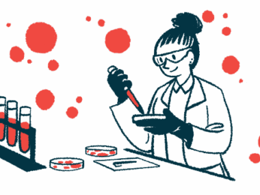 A scientists is shown working with samples in a lab, alongside a rack with four vials filled with blood.