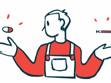 A person in overalls weighs two medicine choices, with an oral capsule pictured over one hand and a syringe over the other.