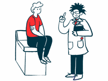 A doctor holding a clipboard gestures to a patient, who is seated on an examining table.
