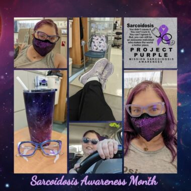 A collage of six photos shows a woman in glasses in three of them; a fourth includes her glasses alone with a beverage on a table, and a fifth depicts her legs and feet. All feature purple in some way, including in her hair. A panel at top right, however, shows what appears to be an ad for Project Purple and features a purple ribbon. 