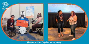 Collage shows 2 pictures with NORD logo overlay. Left: Kerry on a scooter with Yannick in a wheelchair, and cardboard Zebra mascot. Right: Kerry and Makenzie stand in front of a NORD screen.