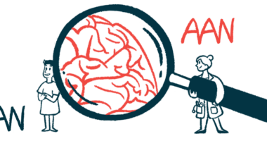 An illustration shows a person holding a giant magnifying glass showing a brain, for AAN conference story.