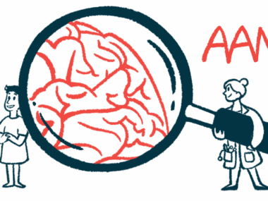An illustration shows a person holding a giant magnifying glass showing a brain, for AAN conference story.