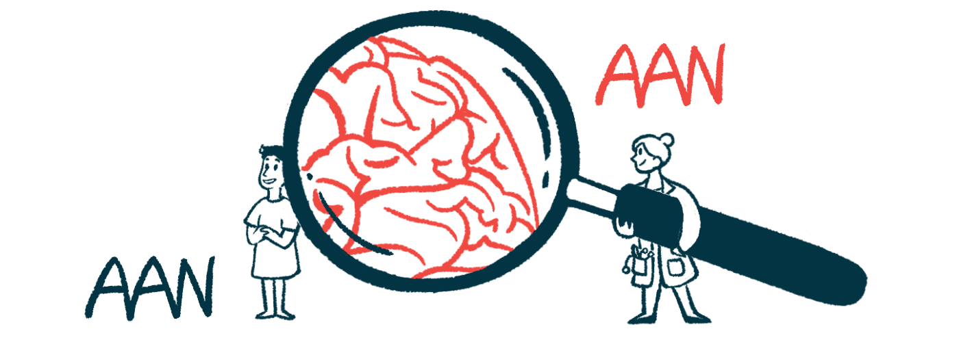An illustration shows a person holding a giant magnifying glass showing a brain, for AAN conference story.