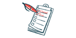 A pen hovers next to a clipboard holding a sheet of paper that reads 