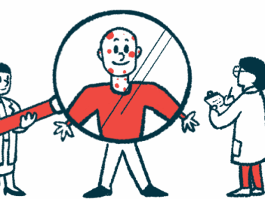 A person is shown behind a giant magnifying glass as a medical professional with a clipboard looks on.