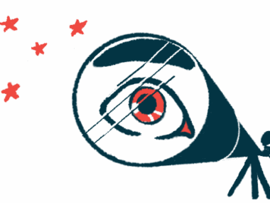 A person uses a gigantic telescope to look at stars, with a magnified view of their eye visible on the lens.