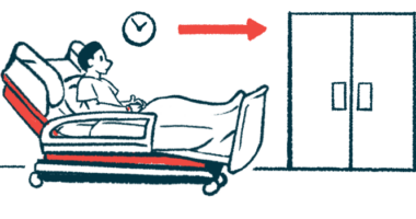 A patient on a hospital gurney waits outside a set of double doors.