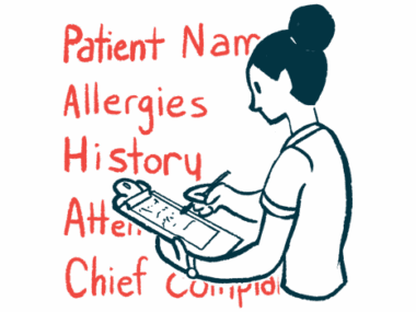 A person fills out a survey attached to a clipboard with the names of items from the survey like 