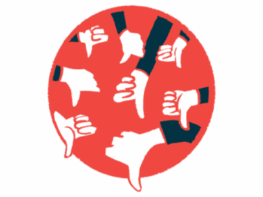 Multiple hands are seen giving the thumbs-down sign from inside a red circle.