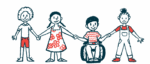 This illustration shows four children, one of whom is in a wheelchair, holding hands.