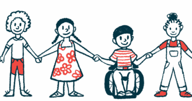 This illustration shows four children, one of whom is in a wheelchair, holding hands.