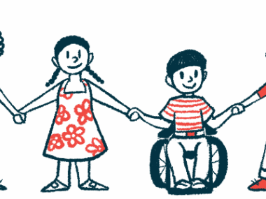 This illustration shows four children, one of whom is in a wheelchair, holding hands.