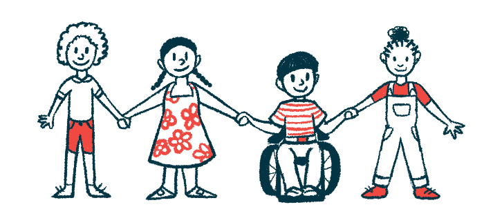 This illustration shows four children, one of whom is in a wheelchair, holding hands.