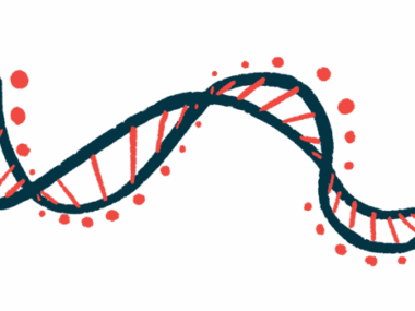 This illustration shows a horizontal ribbon of DNA.