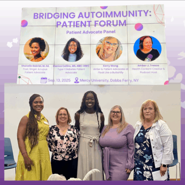 Five women — four panelists and a moderator — pose standing below a slide presentation introducing the Bridging Autoimmunity: Patient Forum Patient Advocate Panel members.