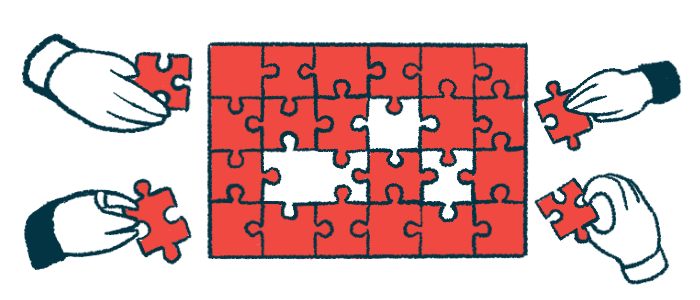 An illustration of a group of different hands collaborating in putting together a puzzle.