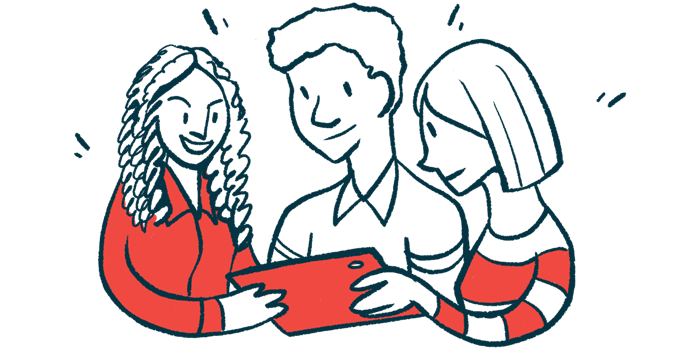 Three people have a discussion while viewing a tablet.