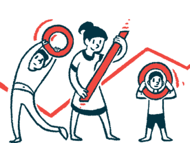 Three people stand in front of an upward-trending line chart holding the components of a percentage symbol.