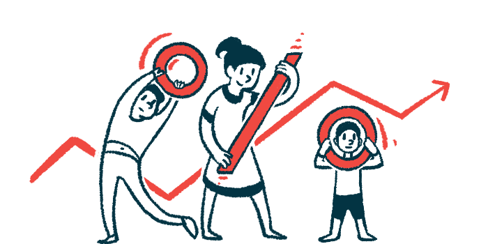 Three people stand in front of an upward-trending line chart holding the components of a percentage symbol.